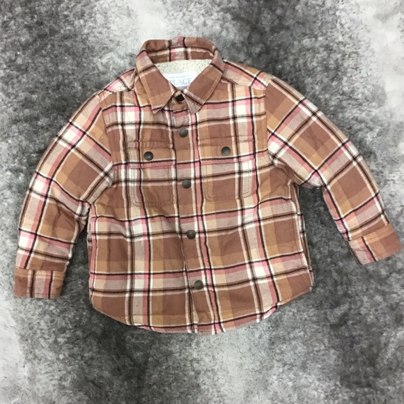 The Children's Place Brown/pink Plaid Button sharpa shacket - Picture 2 of 6